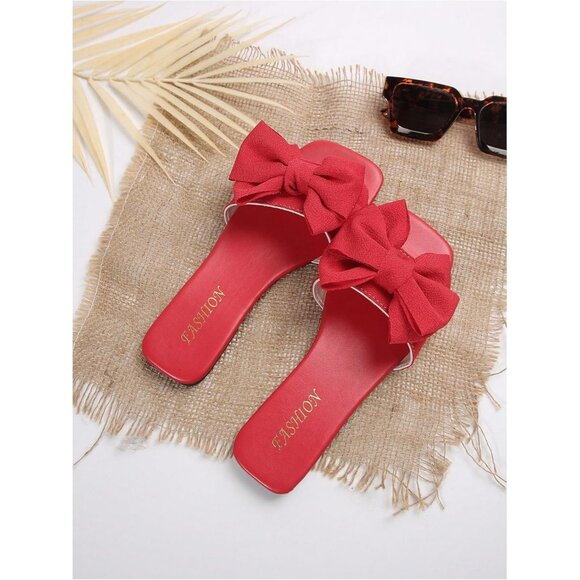 Women's Bow Red Square Toe Flat Summer Sandals Slides Slip On Shoes - Picture 3 of 6